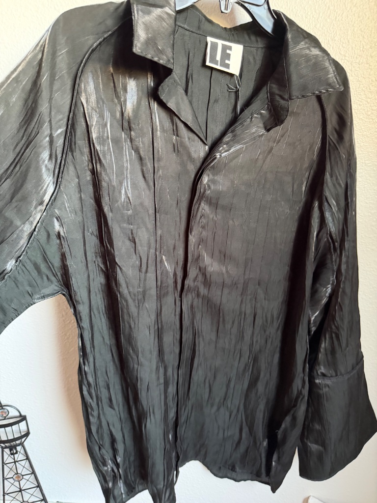 Nwt Local European Black Shimmer Crinkle Oversized Button Down Shirt Sz S — image 5 of 8